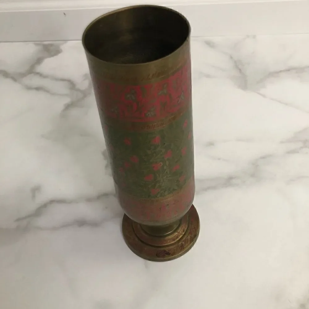 Vintage Etched Enamel Brass Footed Urn/Vase Red and Green Floral - Picture 8 of 10